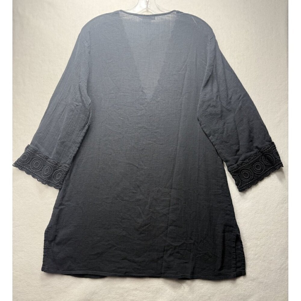 La Blanca Deep V Neck Black Lace Trim Lightweight Beach Tunic Swim Cover-Up Sz L - Picture 2 of 9